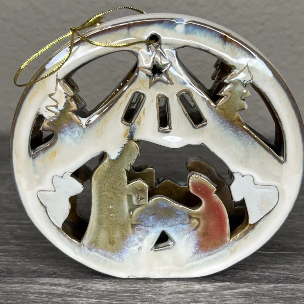 Nativity Scene Christmas Pottery Large Ornament Unmarked 5.5”